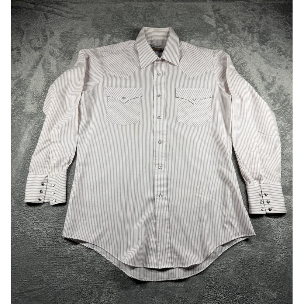 ATB Western Pearl Snap Shirt Mens 15.5 32/33 White Striped Long Sleeve